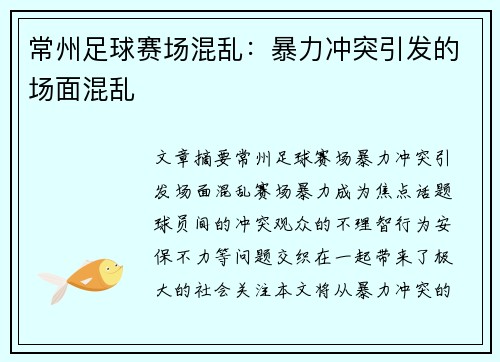 常州足球赛场混乱：暴力冲突引发的场面混乱