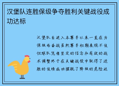 汉堡队连胜保级争夺胜利关键战役成功达标