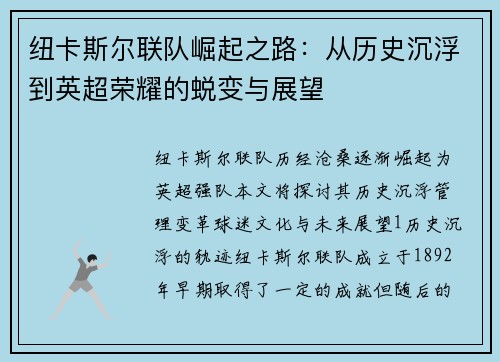 纽卡斯尔联队崛起之路：从历史沉浮到英超荣耀的蜕变与展望