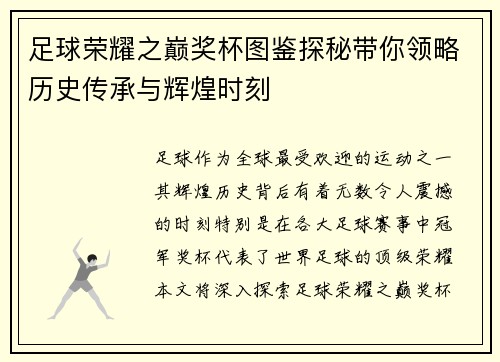 足球荣耀之巅奖杯图鉴探秘带你领略历史传承与辉煌时刻