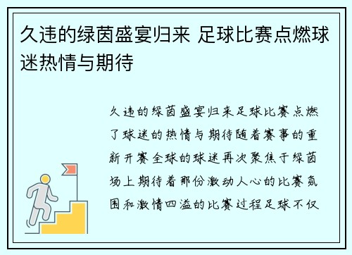 久违的绿茵盛宴归来 足球比赛点燃球迷热情与期待