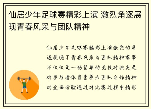 仙居少年足球赛精彩上演 激烈角逐展现青春风采与团队精神