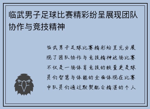 临武男子足球比赛精彩纷呈展现团队协作与竞技精神