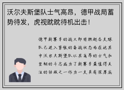 沃尔夫斯堡队士气高昂，德甲战局蓄势待发，虎视眈眈待机出击！