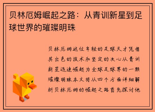 贝林厄姆崛起之路：从青训新星到足球世界的璀璨明珠