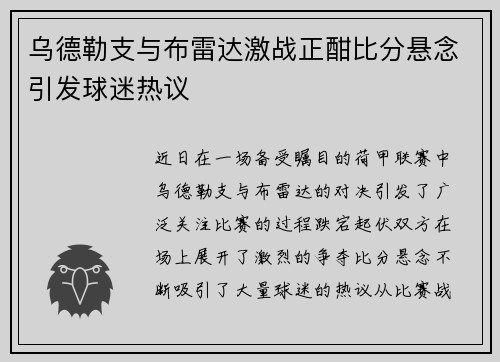 乌德勒支与布雷达激战正酣比分悬念引发球迷热议