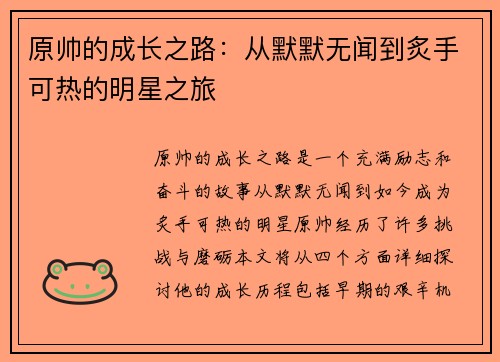 原帅的成长之路：从默默无闻到炙手可热的明星之旅