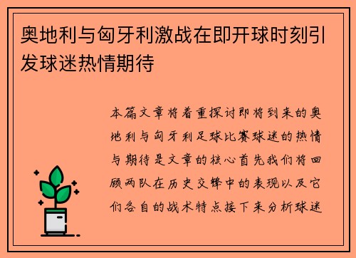 奥地利与匈牙利激战在即开球时刻引发球迷热情期待