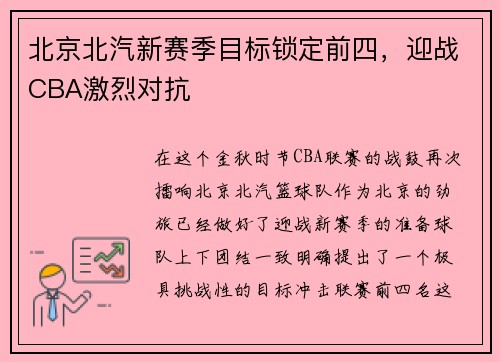 北京北汽新赛季目标锁定前四，迎战CBA激烈对抗
